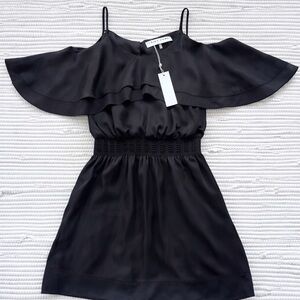Trina Turk Silk Off Shoulder Ruffle Dress Black Smocked Waist S